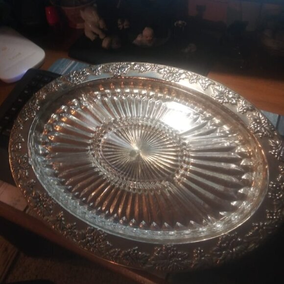 "rare"-vintage GODINGER SILVER ART Co LTD Grapevine Adorned Oval Platter/Crystal - Picture 13 of 16
